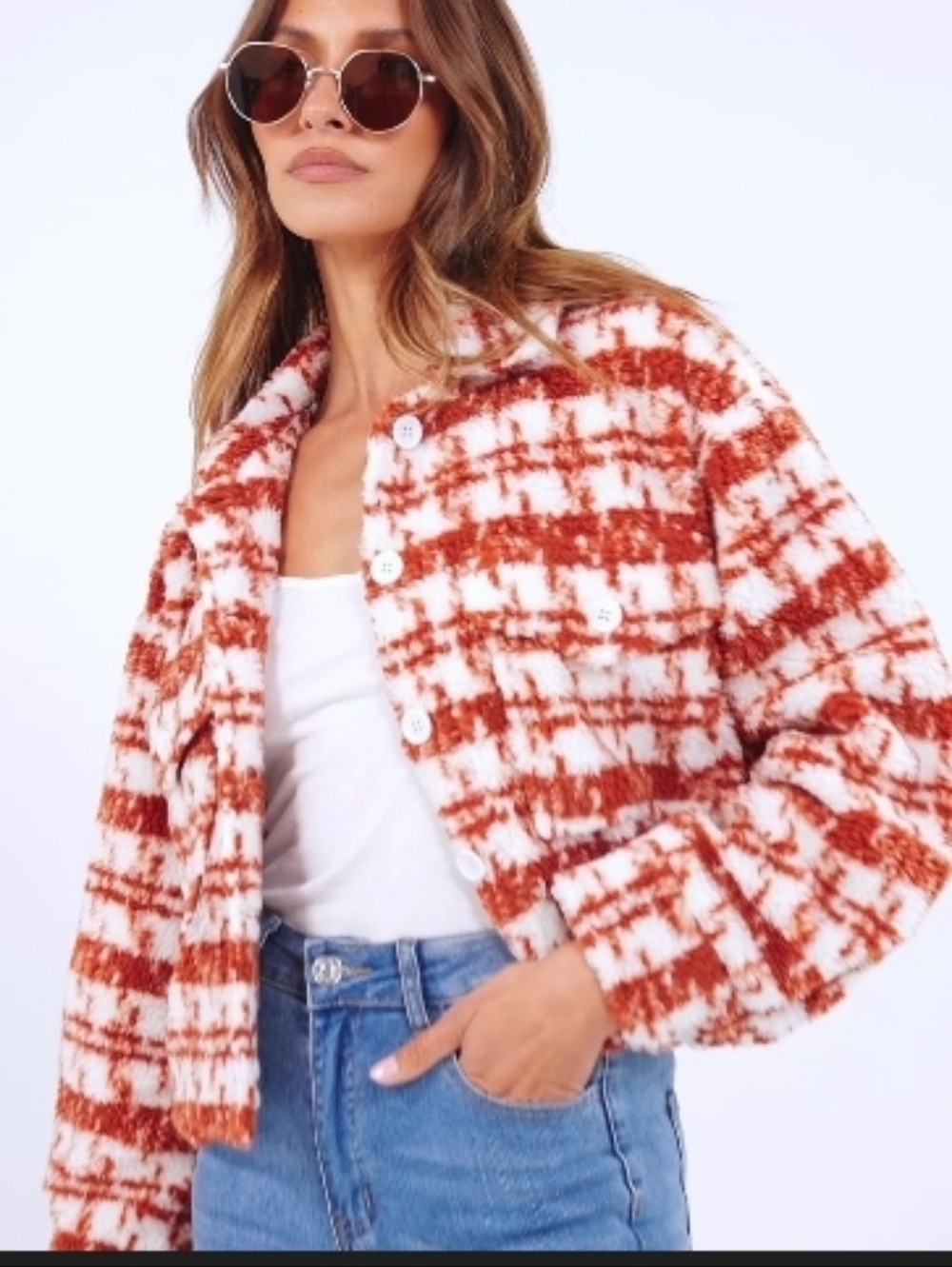PRETTYGARDEN Women's Fall Plaid Shacket Jacket Faux Fur Lapel Open Front Cropped